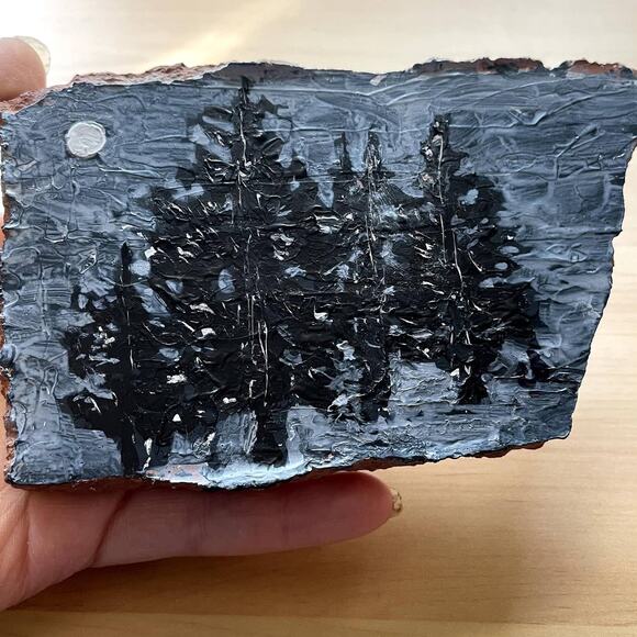 Evergreen by moonlight ART  original 6 x 3.5 inch 3/4" clay rock flat - Picture 1 of 8